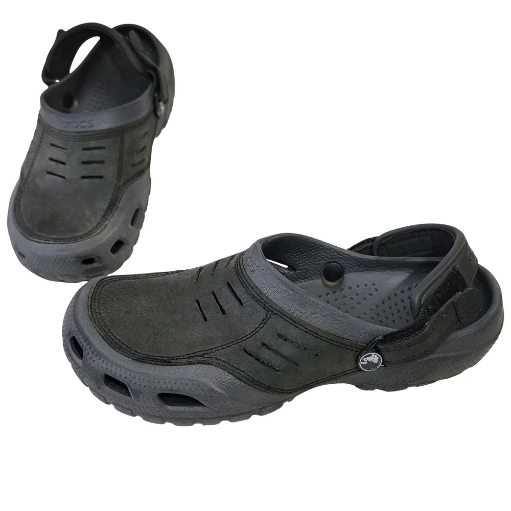 Crocs Yukon Sport Mens Black Leather Clog Adjustable Strap Sandals Size 12
